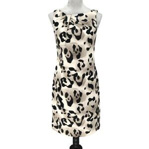 Ann Taylor Dress Womens 4 Silk Blend Beige Black Animal Print Lined Ruched Front